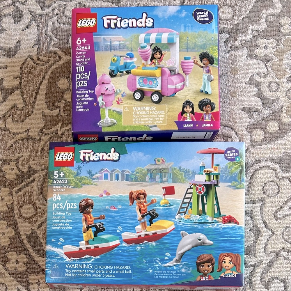 2 Lego Friends: Cotton Candy Stand Scooter #42643 & Beach Water Scooter #42623